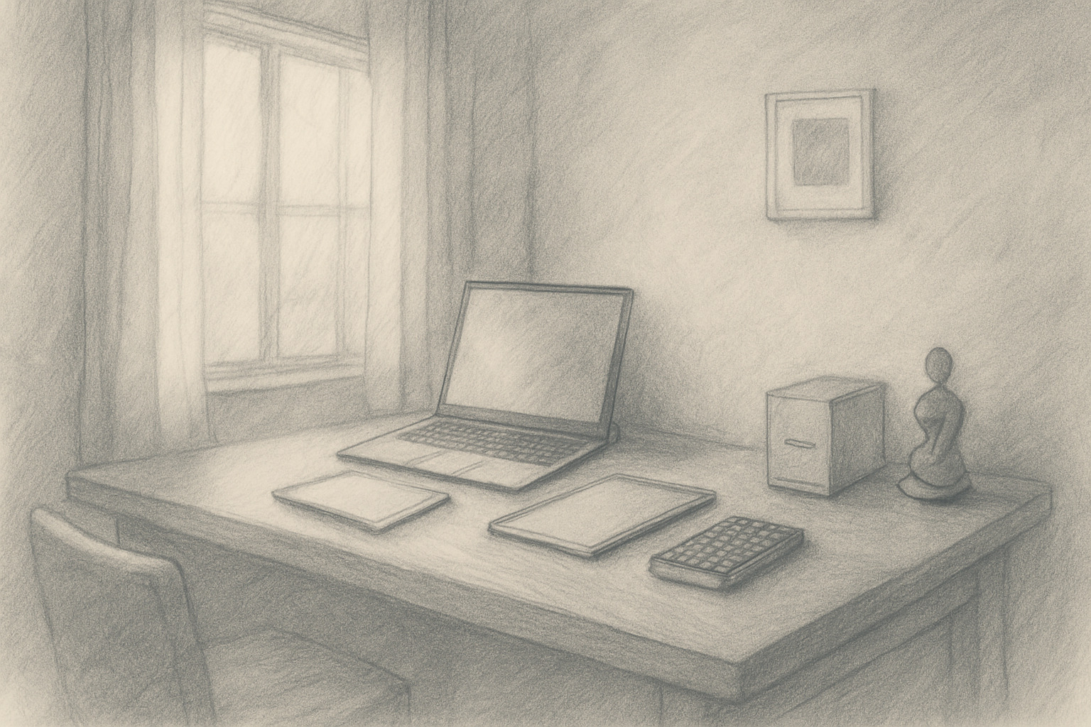 A renovated workspace lit by window light, arranged with silent intention.