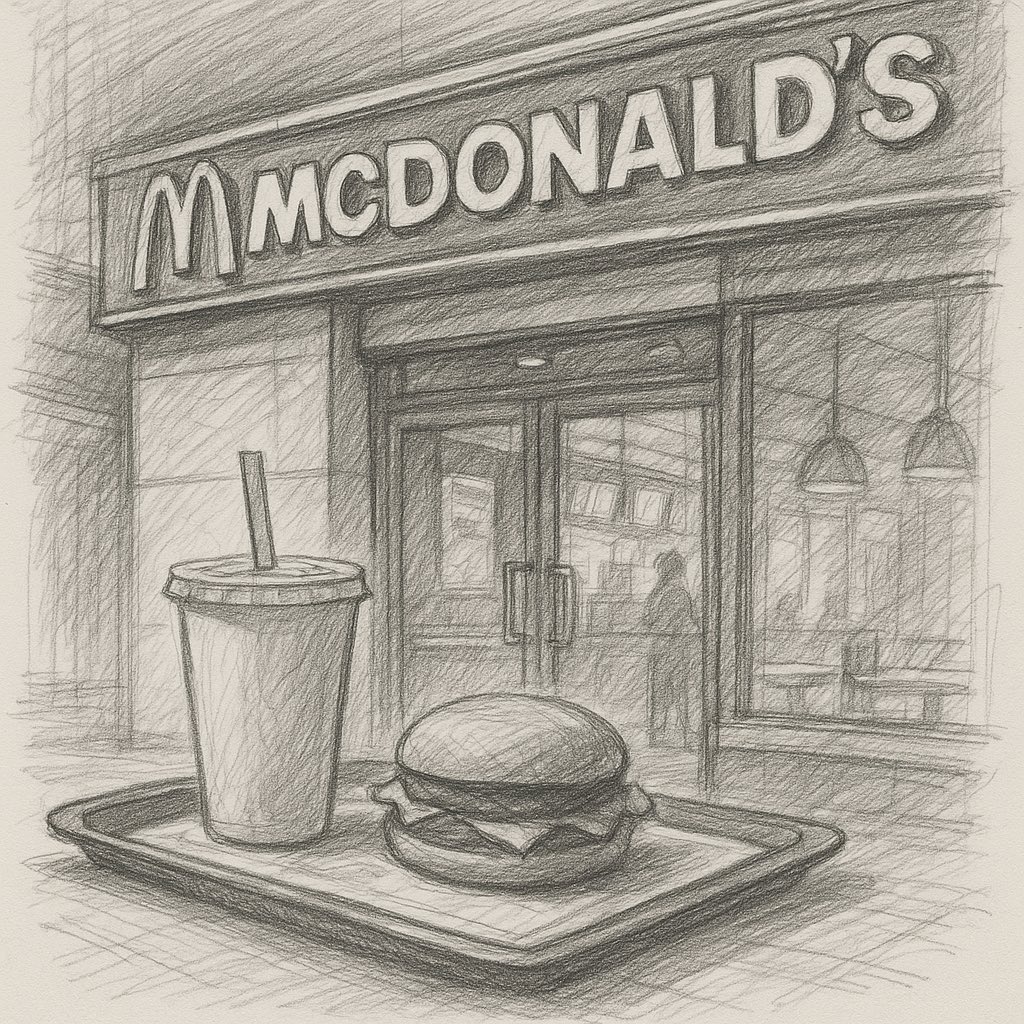 A sketch of a McDonald’s tray with a burger and drink, in front of a busy counter.