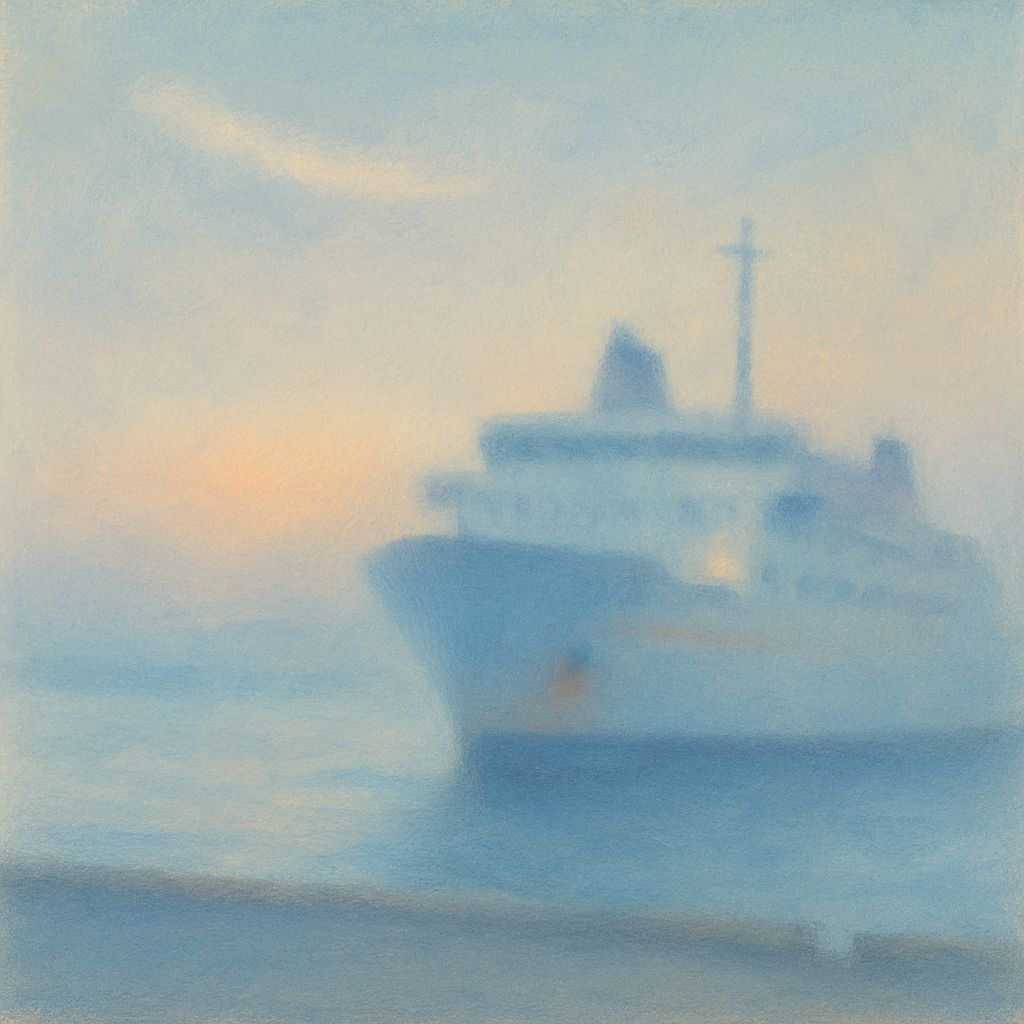A softly lit ferry resting quietly at the harbor in a pastel-hued dusk.